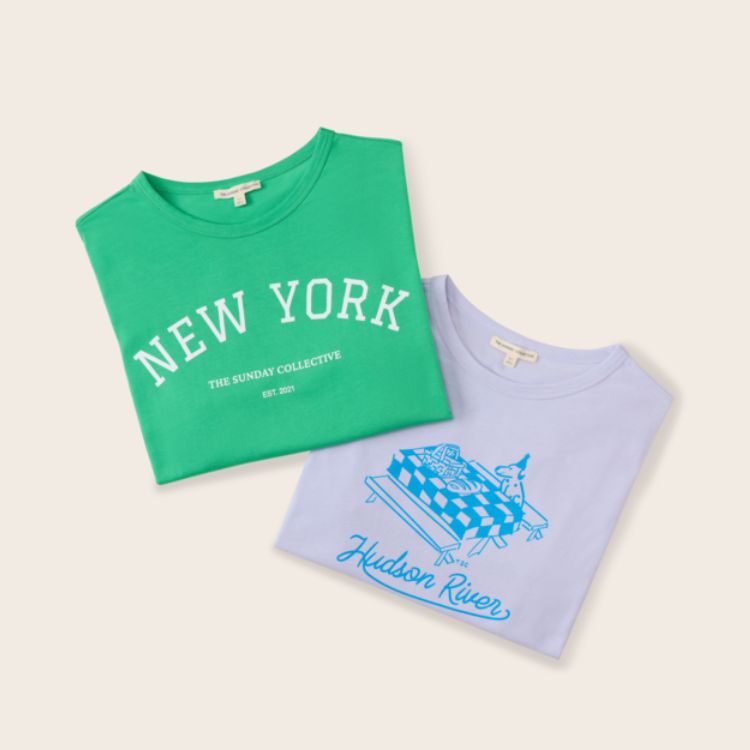 The Sunday Collective 有機棉寬版短袖T-shirt - - 哈德遜河邊野餐的狗狗 - 粉紫 3Y & 4-5Y