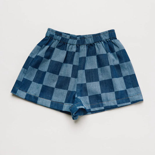 Claude&Co. 100%有機棉 Frankie 藍色棋盤格丹寧短褲 ❘ 現貨尺寸: 2Y~6Y