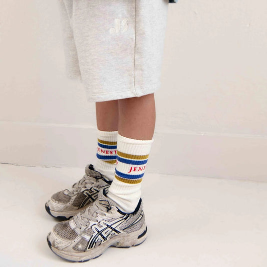 Jenest 有機棉中筒厚棉運動襪 JENEST— Off White Blue Gold ❘ 現貨尺寸: EU 28-43 (約適合4Y~12Y+)