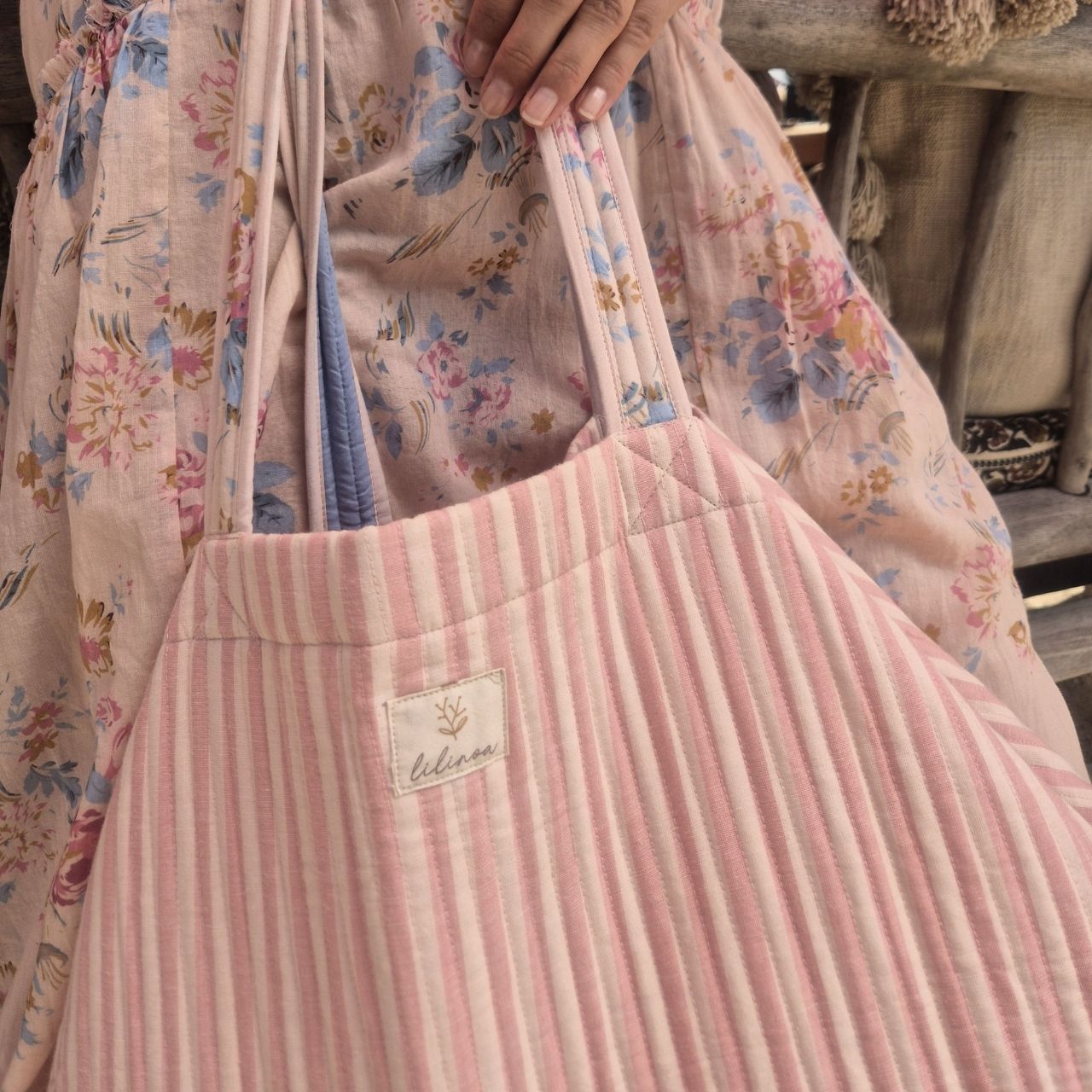Lilinoa 100% 純棉 FAMILY BAG 大容量絎縫家庭包 - 粉紅條紋