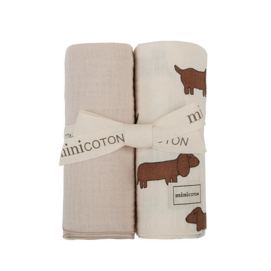 Minicoton 100%有機棉雙層紗包巾組 - Bestie小臘腸 + 淺粉單色