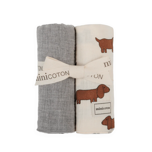 Minicoton 100%有機棉雙層紗包巾組 - Bestie小臘腸 + 深灰單色