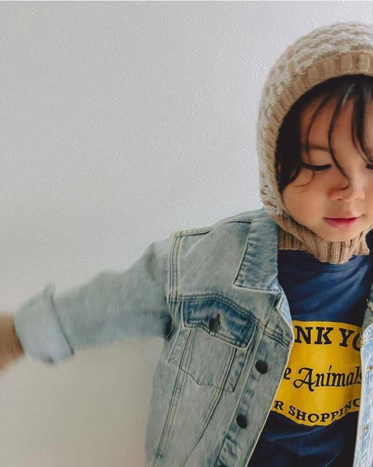 Bieq 100%美麗諾羊毛頭套帽  CAMEL/OFF WHITE 2-4Y (最後一件)