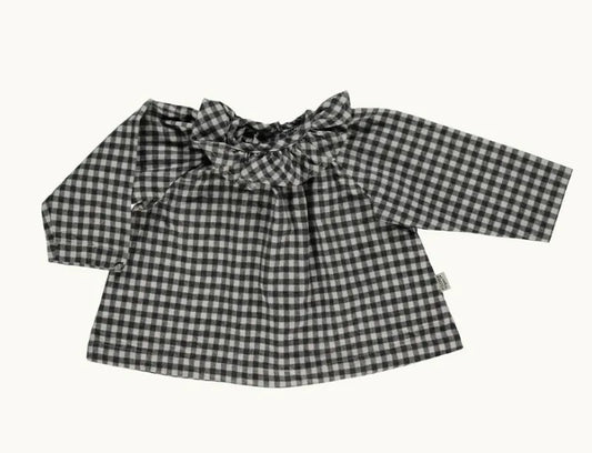 Poudre Organic 有機棉荷葉領兩穿薄長袖上衣 - 黑白格紋 18M  (最後一件)