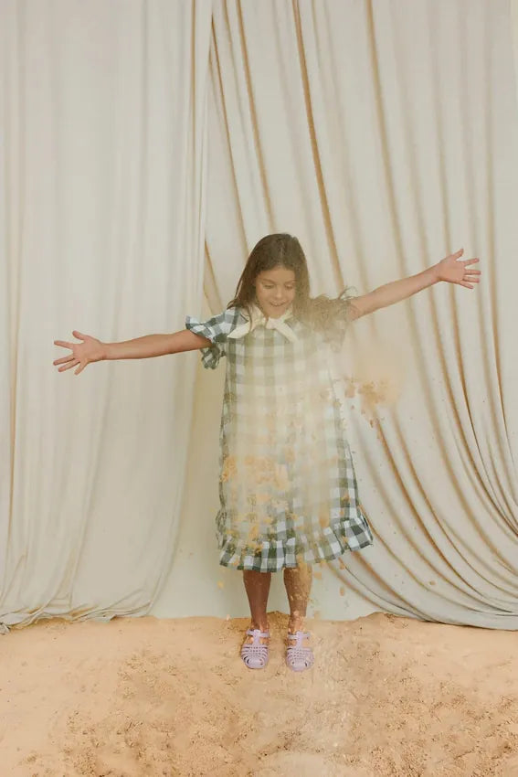 OXOX Club 綠格紋亞麻短袖洋裝 CHECKERED LINEN DRESS 18-24M & 3-4Y (各最後一件)