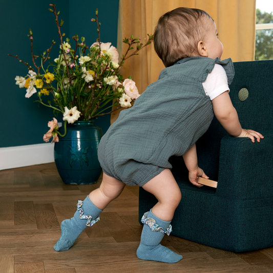 丹麥GoBabyGo 花布竹節棉防滑襪 - Dusty Blue x Liberty