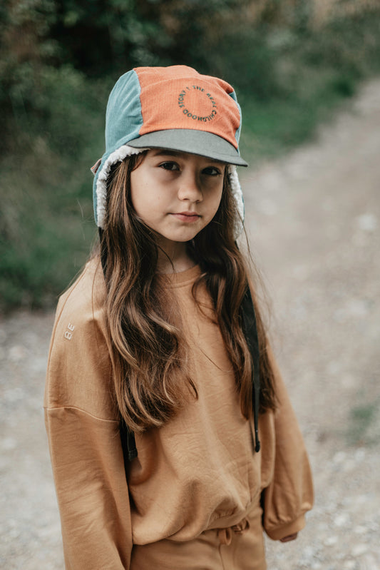 Happymess 有機棉絨毛飛行員帽 Cinnamon tea ❘ 現貨尺寸: 1Y~6Y+