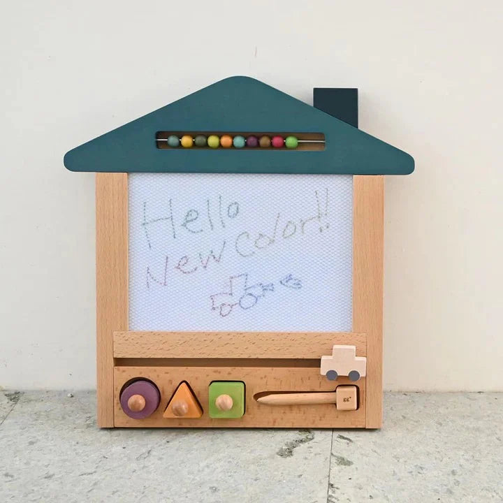 (限宅配)Kiko+&gg* - Oekaki House 木製磁性畫板 - 藍綠色小屋 (車車)