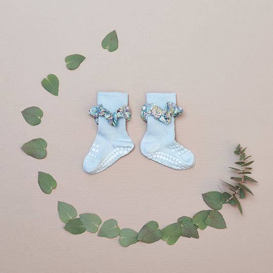 丹麥GoBabyGo 花布竹節棉防滑襪 - Sky Blue x Liberty 1-2Y