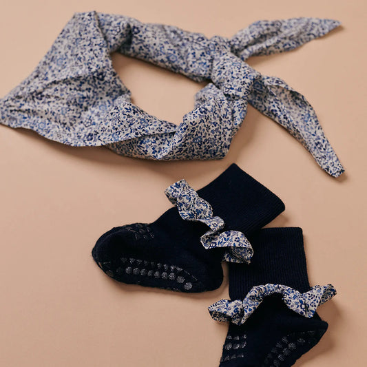 丹麥GoBabyGo 花布竹節棉防滑襪 - Dark Blue x Liberty 3-4Y