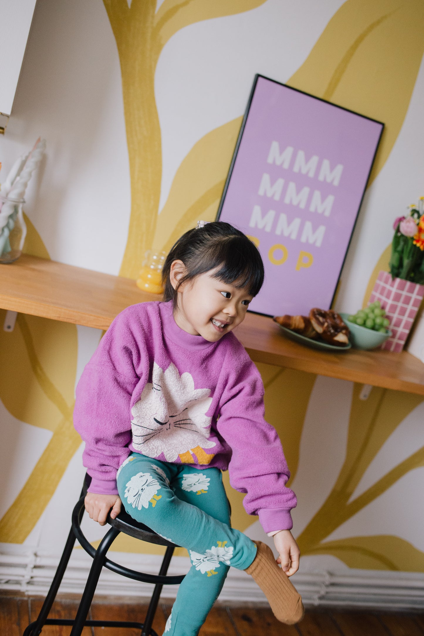 Lotiekids 有機棉毛巾布長袖大學T - 穿靴子的貓 - 蘭花紫 2-3Y