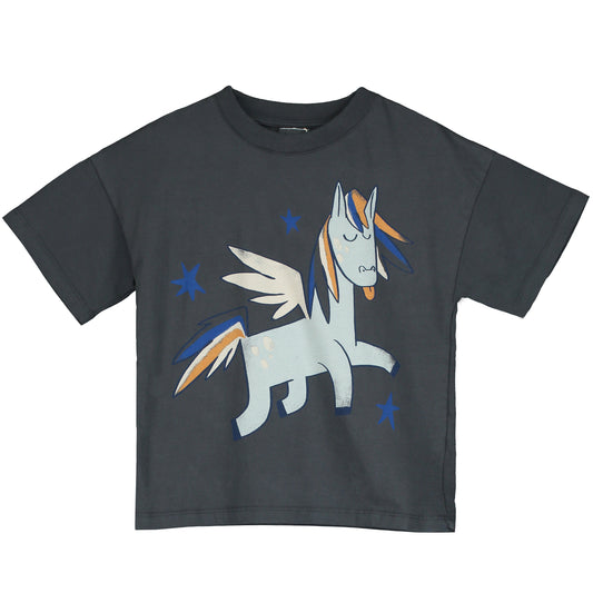 Lotiekids 100% 有機棉小飛馬碳黑寬版短袖T-shirt 8-9Y (最後一件)
