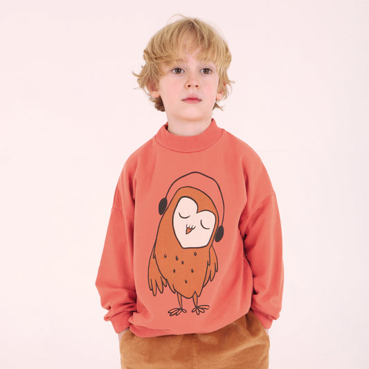 Lotiekids 有機棉長袖大學T - 戴耳機的貓頭鷹 - 珊瑚橘 ❘ 現貨尺寸: 2-3Y