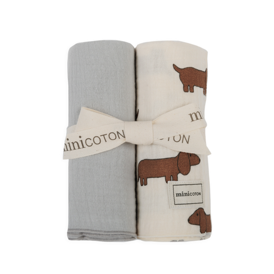 Minicoton 100%有機棉雙層紗包巾組 - Bestie小臘腸 + 淺灰單色