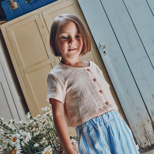 Poudre Organic 100%有機棉FREESIA 雙層紗排扣上衣- 貝殼粉 ❘ 現貨尺寸: 3Y~8Y