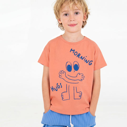 Lotiekids 100% 有機棉 MORNING HUGS 短袖 T-shirt  - 粉橘 ❘ 現貨尺寸: 2Y~7Y