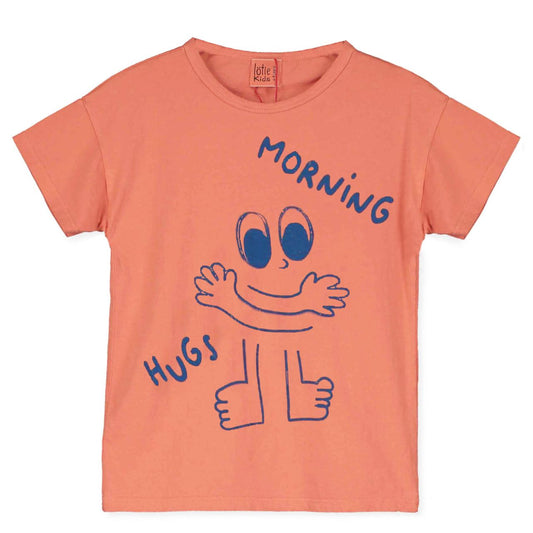 Lotiekids 100% 有機棉 MORNING HUGS 短袖 T-shirt  - 粉橘 ❘ 現貨尺寸: 2Y~7Y