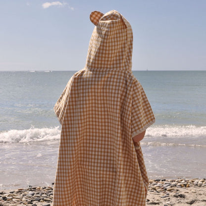 Lilinoa 100% 純棉兒童連帽連身浴袍 - 駝色格紋  ❘ 現貨尺寸: Size 1 (0-4Y) / Size 2 (4-6Y)