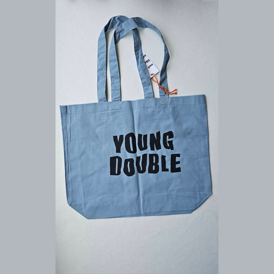 Young Double - 100%純棉品牌托特包/購物袋 - 霧藍