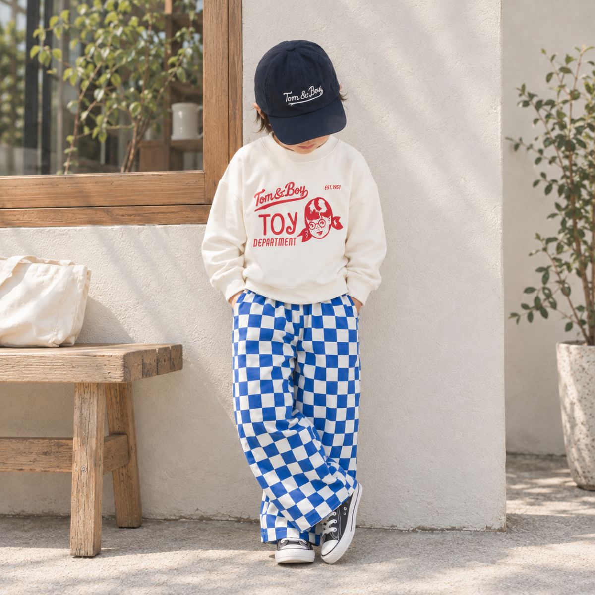 Tom&Boy 100% 有機棉經典藍白棋盤格休閒長褲 ❘ 現貨尺寸: 2Y~6Y