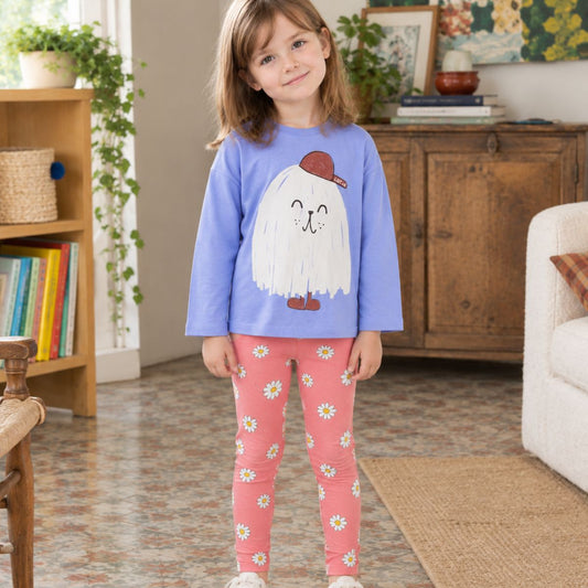 Lotiekids 有機棉小雛菊羅紋 legging 貼腿長褲 - 珊瑚粉  ❘ 現貨尺寸：2Y~7Y