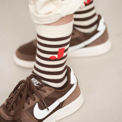 Jenest 有機棉經典條紋Logo撞色羅紋短襪 - Off White Brown  ❘ 現貨尺寸: 歐洲尺寸 28-39