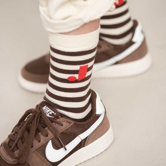 Jenest 有機棉經典條紋Logo撞色羅紋短襪 - Off White Brown  ❘ 現貨尺寸: 歐洲尺寸 28-39