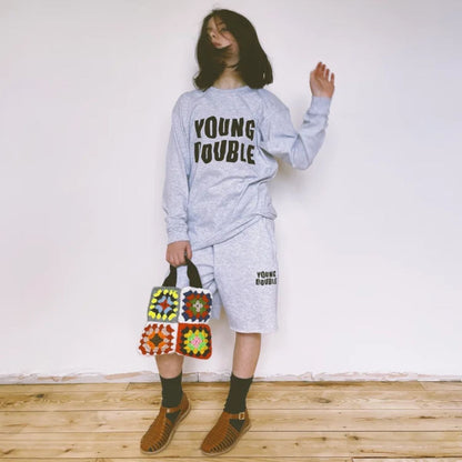 Young Double - 100%純棉 Young Double 中性薄長袖淺灰 T-shirt ❘ 現貨尺寸:3Y~11Y