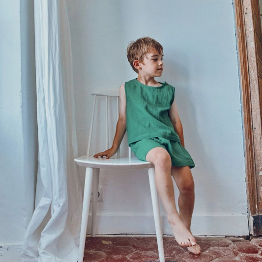 Poudre Organic 100%有機棉 CRASPEDIA 經典雙層紗無袖背心 - 深草綠   ❘ 現貨尺寸: 3Y~8Y