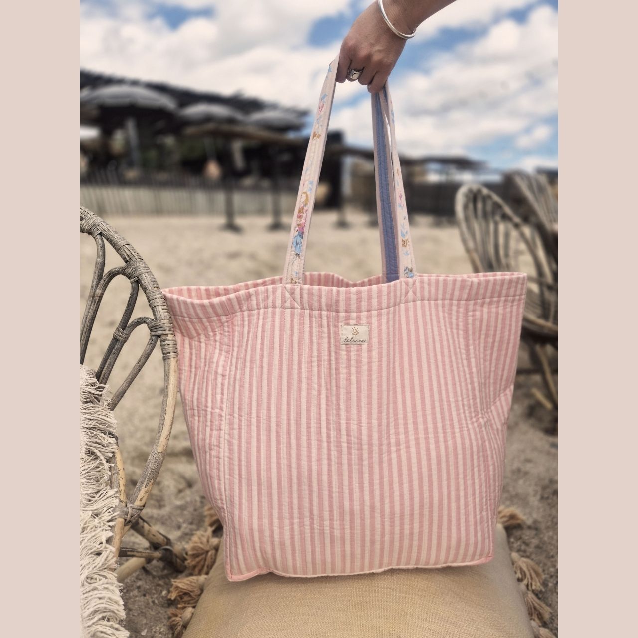 Lilinoa 100% 純棉 FAMILY BAG 大容量絎縫家庭包 - 粉紅條紋