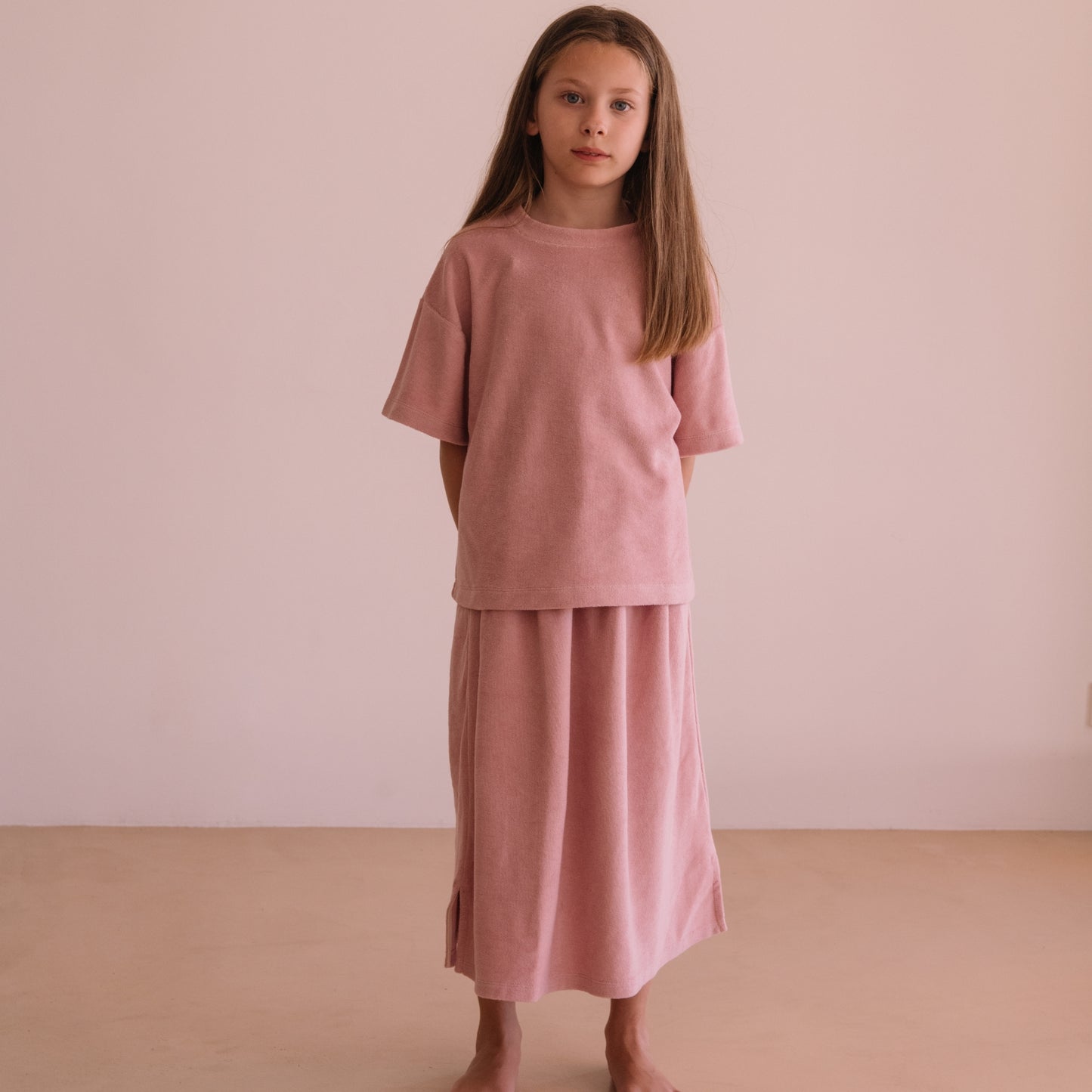 We are kids 100%有機棉毛巾布霧粉中長裙 BLUSH  ❘ 現貨尺寸: 2Y~9Y