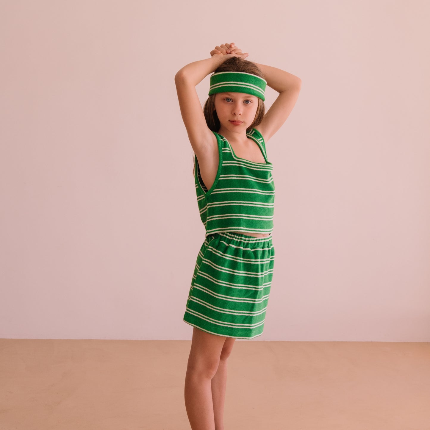We are kids 100%有機棉毛巾布短裙 SUMMER GREEN STRIPES  ❘ 現貨尺寸: 2Y~7Y