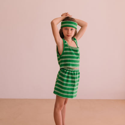 We are kids 100%有機棉毛巾布短裙 SUMMER GREEN STRIPES  ❘ 現貨尺寸: 2Y~7Y
