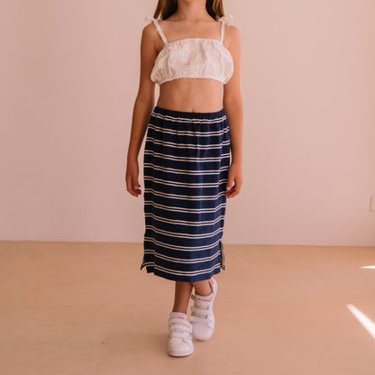 We are kids 100%有機棉毛巾布條紋中長裙 NAVY STRIPES  ❘ 現貨尺寸: 4Y~9Y