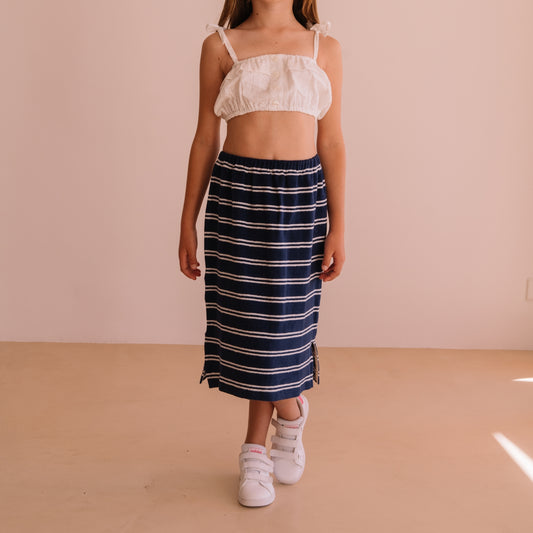 We are kids 100%有機棉毛巾布條紋中長裙 NAVY STRIPES  ❘ 現貨尺寸: 4Y~9Y