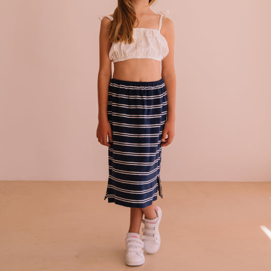 We are kids 100%有機棉毛巾布條紋中長裙 NAVY STRIPES  ❘ 現貨尺寸: 4Y~9Y