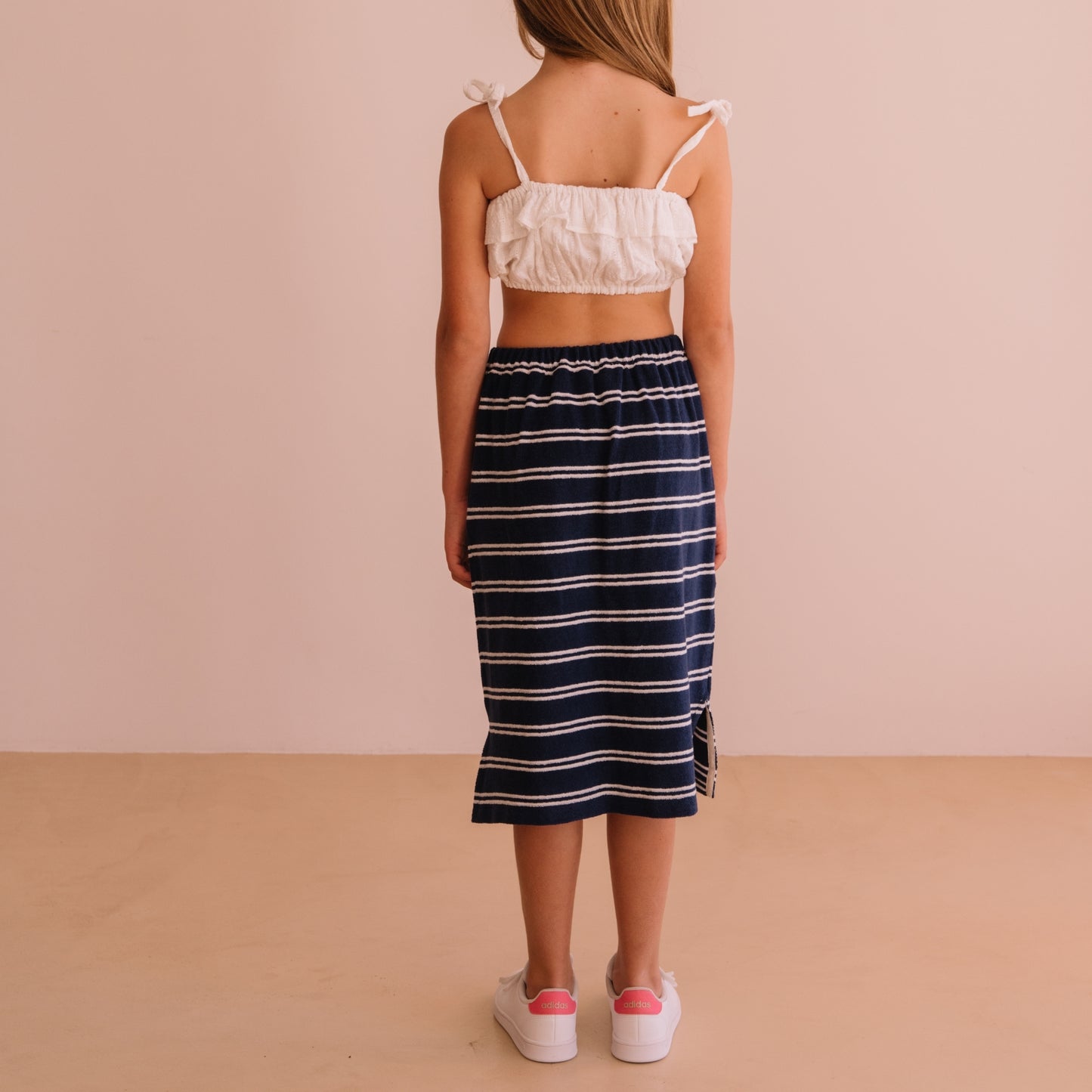 We are kids 100%有機棉毛巾布條紋中長裙 NAVY STRIPES  ❘ 現貨尺寸: 4Y~9Y