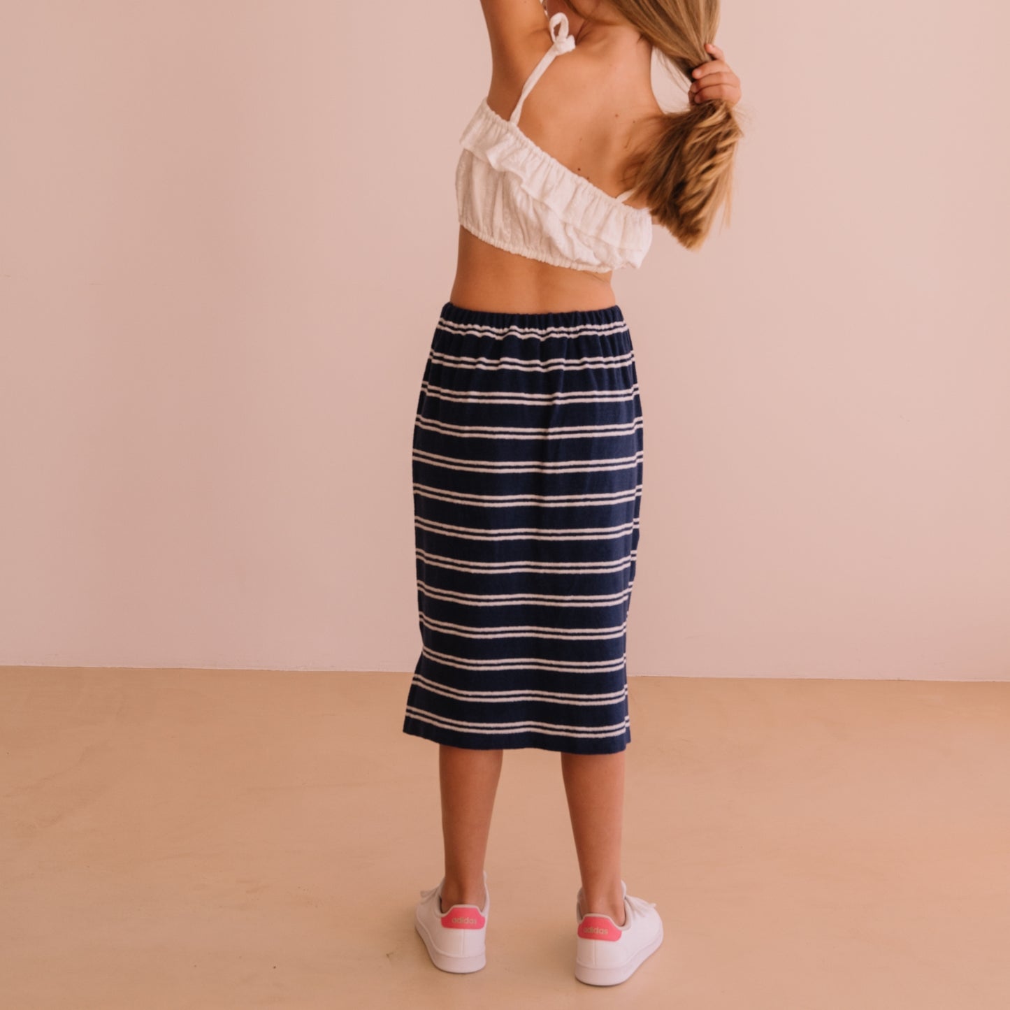 We are kids 100%有機棉毛巾布條紋中長裙 NAVY STRIPES  ❘ 現貨尺寸: 4Y~9Y