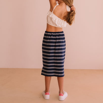 We are kids 100%有機棉毛巾布條紋中長裙 NAVY STRIPES  ❘ 現貨尺寸: 4Y~9Y