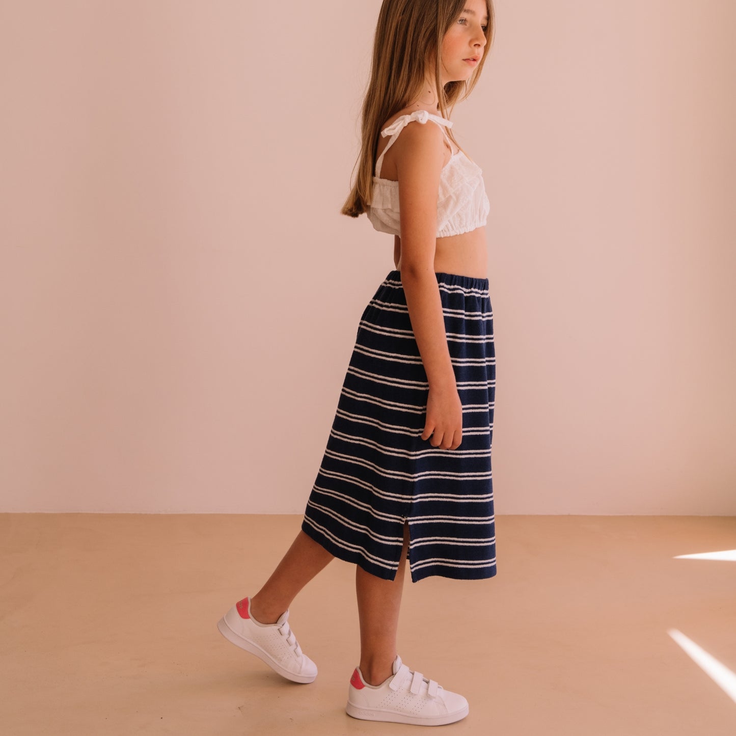 We are kids 100%有機棉毛巾布條紋中長裙 NAVY STRIPES  ❘ 現貨尺寸: 4Y~9Y