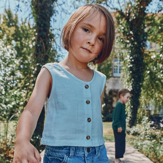 Poudre Organic 100%有機棉DILLE 經典排扣羅紋背心- 寶寶藍❘ 現貨尺寸: 3Y~8Y