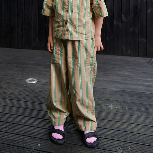 Studio Koter 100%有機棉糖果 EVER 條紋寬褲 - GREEN BLUE STRIPE  ❘ 現貨尺寸: 4Y~9Y