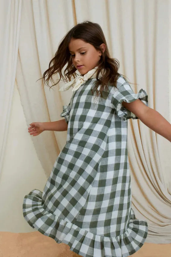 OXOX Club 綠格紋亞麻短袖洋裝 CHECKERED LINEN DRESS 18-24M & 3-4Y