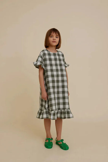 OXOX Club 綠格紋亞麻短袖洋裝 CHECKERED LINEN DRESS 18-24M & 3-4Y