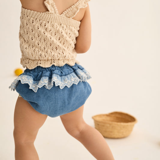 Cozmo 100%純棉 chambray 蕾絲燈籠褲/屁屁褲 ❘ 現貨尺寸:6M ~24M