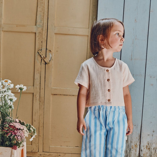 Poudre Organic 100%有機棉FREESIA 雙層紗排扣上衣- 貝殼粉 ❘ 現貨尺寸: 3Y~8Y