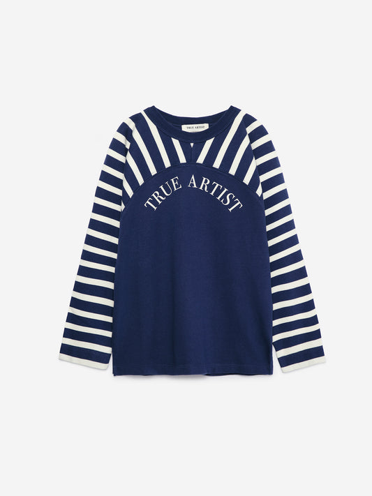 True Artist  100% 純棉拼接長袖 T-shirt - 船長藍 ❘ 現貨尺寸: 4Y~9Y/ 12-13Y
