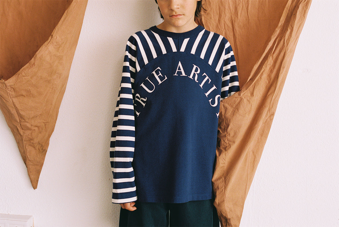 True Artist  100% 純棉拼接長袖 T-shirt - 船長藍 ❘ 現貨尺寸: 4Y~9Y
