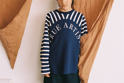 True Artist  100% 純棉拼接長袖 T-shirt - 船長藍 ❘ 現貨尺寸: 4Y~9Y